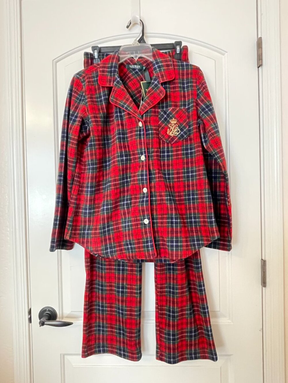 New Ralph Lauren Fleece Pajama Set 2 Pc Button Top Pants Red Holiday Plaid Small